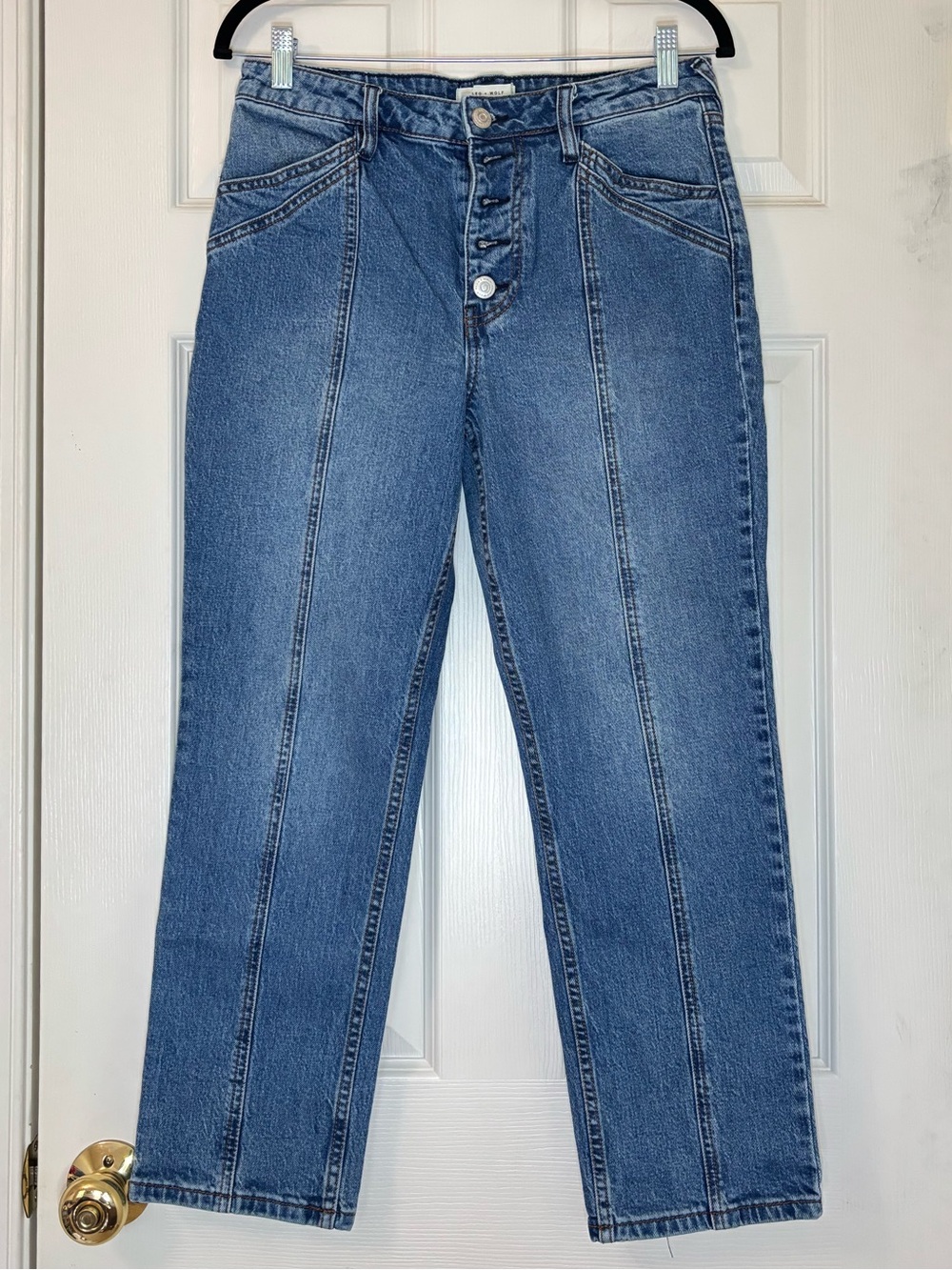 Cleo + Wolf Cotton Blend High Rise Straight Dark Wash Denim Jeans